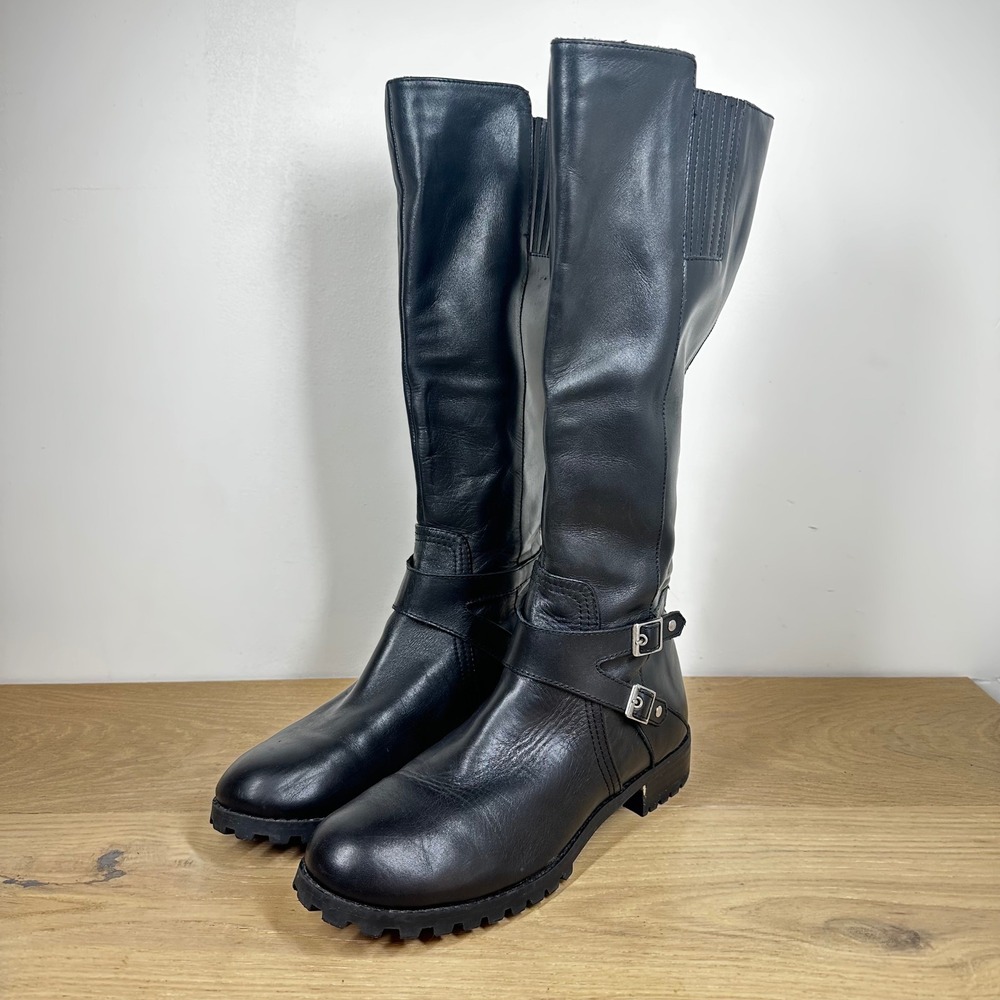 Adrienne Vittadini Boots Women 9 Black Leather Knee High Moto Buckle Riding